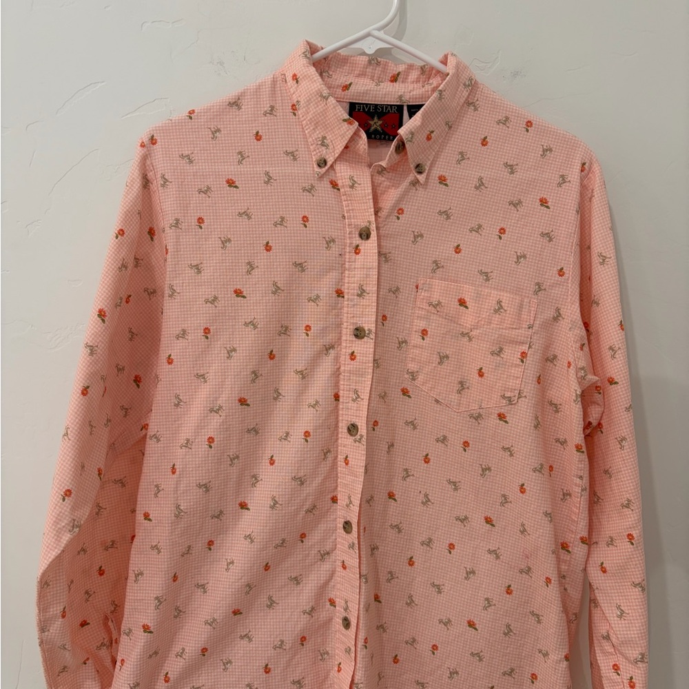 Pink Gingham Floral and Horses Five Star Women's Button Down Shirt